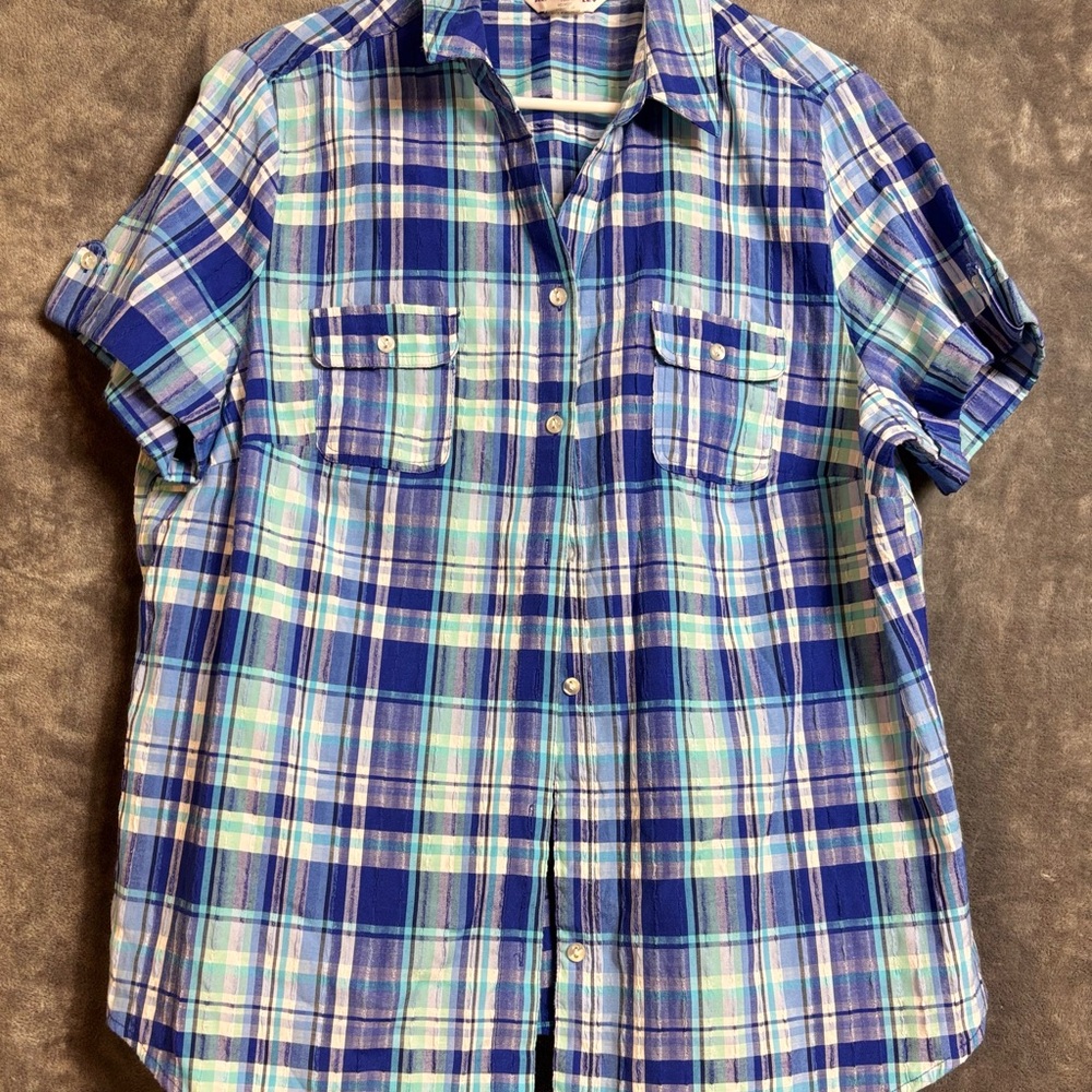Allison Daley Blue Plaid Short Sleeve Shirt